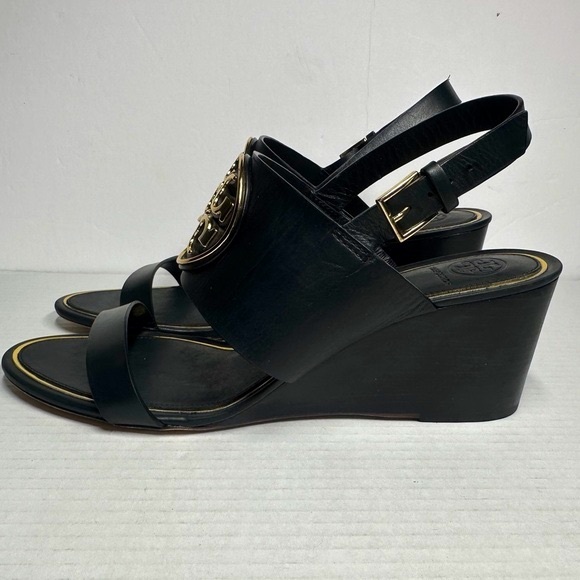 TORY BURCH | Metal Miller 65mm Wedge Perfect Black Gold Size 11 Heel Sandal Mule - Picture 4 of 14